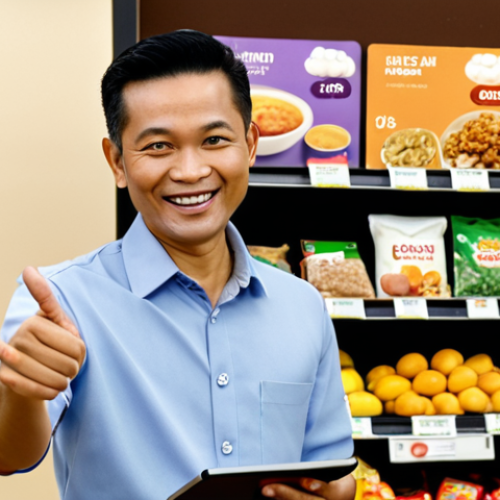 Home 4 **Prompt:** A small Malaysian "kedai runcit" (grocery store) owner smiling confidently, pointing to a tablet showing cloud storage analytics. Soft, warm lighting. The background shows a clean, organized store, subtly highlighting the efficiency gained from cloud technology.