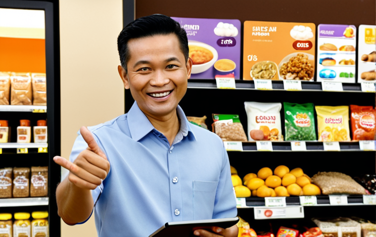 **Prompt:** A small Malaysian "kedai runcit" (grocery store) owner smiling confidently, pointing to a tablet showing cloud storage analytics. Soft, warm lighting. The background shows a clean, organized store, subtly highlighting the efficiency gained from cloud technology.